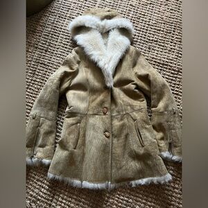Genuine shearling hood coat. Tan/ golden shimmer color .